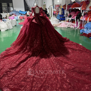 Vestido de Gala Rojo de Lujo Xs257 para Quinceañera, con Cuentas de Cristal, Bordado de Encaje, Manga Larga, Largo hasta el Suelo, para Madrina de 15 Años - Product Image 5