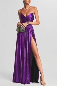 Robe de soirée formelle pour femme de style européen, avec décolleté plongeant, design plissé et fente, sans manches. - Product Image 5