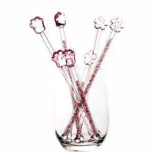 Varillas Agitadoras <span class=keywords><strong>de</strong></span> Cócteles <span class=keywords><strong>de</strong></span> <span class=keywords><strong>Vidrio</strong></span> <span class=keywords><strong>de</strong></span> Borosilicato Sopladas a Mano, Resistentes al Calor, Color Rosa, con Diseño <span class=keywords><strong>de</strong></span> Pata <span class=keywords><strong>de</strong></span> Gato y Flor <span class=keywords><strong>de</strong></span> Cerezo - Product Image 1