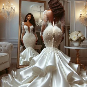 Abito da sposa romantico 2025 con perline e pizzo, a maniche lunghe, stile Aso Ebi, con volant, a sirena, abito formale da sposa, Vestido personalizzato - Product Image 6
