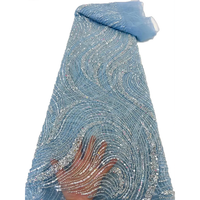 Dentelle bleue perlée, dentelle en cordon, tissu brodé en filet perlé avec paillettes pour robe de mariée