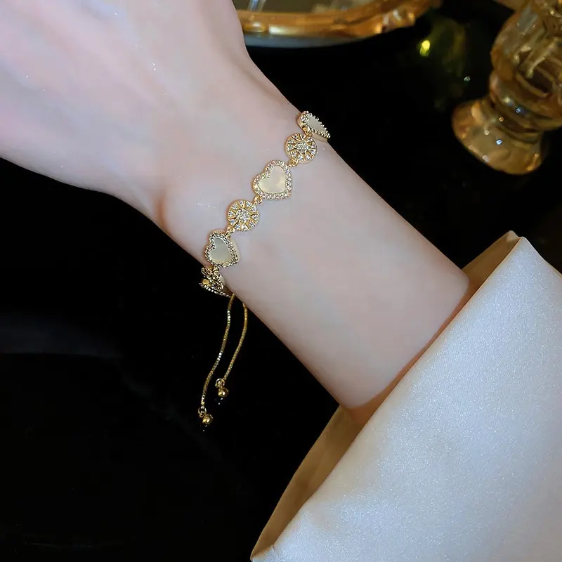 2024 Nieuwe Mode Verstelbare Roestvrij Staal 18K Gouden Bloem Hart Zirkoon Armband Voor Vrouwen Sieraden Groothandel