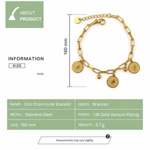 Pulsera de Eslabones con Dijes de Monedas, Acero Inoxidable, Baño de Oro al Vacío de 14K, Color Dorado - Product Image 3