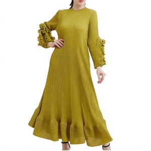 Pleated Maxi <b>Dress</b> Women Long Sleeve <b>Ruffle</b> Sleeve Solid Color Crew Neck Loose Fit Casual <b>Dress</b> <b>All</b> Seasons Viscose Polyester - Product Image 2