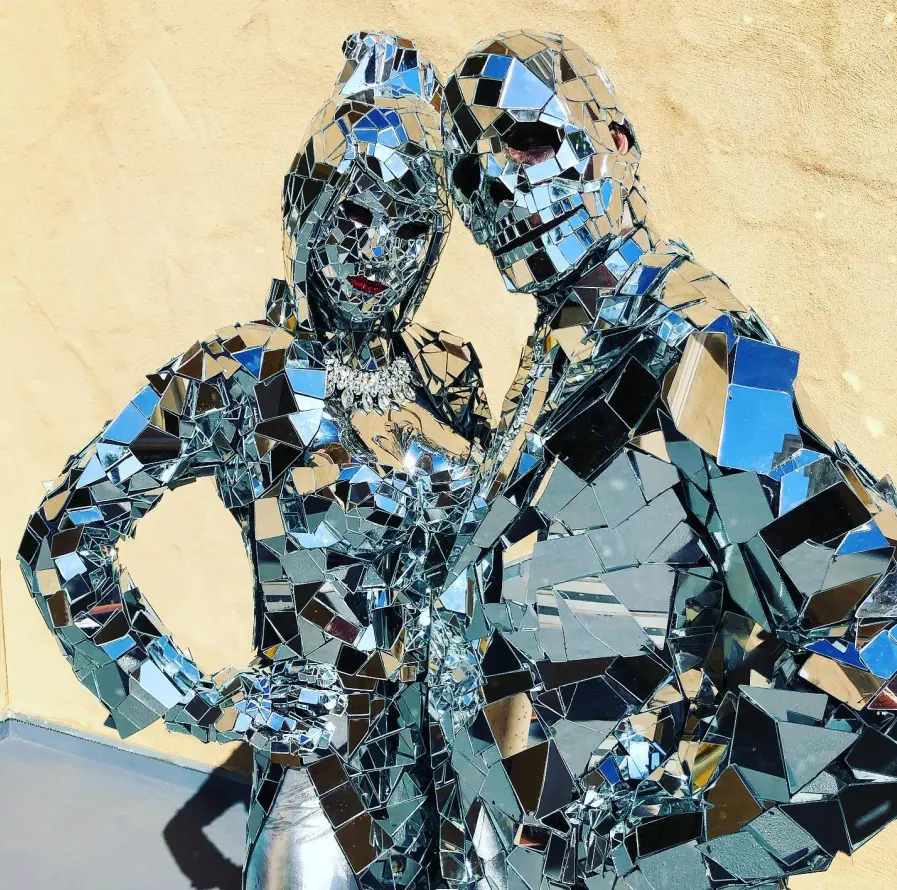 2023 terlaris kostum pesta Robot nyata tengkorak cermin kostum dewasa Cosplay cermin perak tengkorak kostum