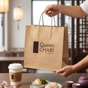 Sacs en papier kraft brun biodégradables et recyclables avec logo personnalisé imprimé, pour la vente à emporter, les restaurants, le café, avec poignée - Product Image 6