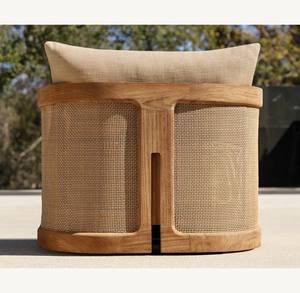 Sedia Lounge di Lusso in Legno di Teak con Schienale in Canna, Sedia Girevole da Esterno in Teak - Product Image 2