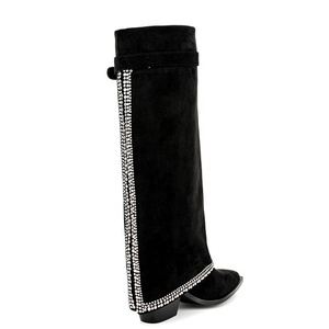 Shark Lock Soft Flock Long Booties Overlay Women's Bling Diamonds Knee High <b>Boots</b> Low Square Heels Shoes Big Size 45 Wide Fit - Product Image 2