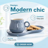 LEXI Ensemble Tasse et Soucoupe en Céramique Bleue 220ml, Durable, avec Plateau à Biscuits, Mug Moderne en Porcelaine pour la Maison et le Bureau