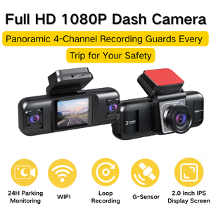 Registratore DVR per Auto a 4 Canali, Dash <span class=keywords><strong>Cam</strong></span> con Schermo IPS da 2'', Video 1080P, Sensore G, Telecamera Posteriore, Registratore di Guida a 4 Vie - Product Image 2