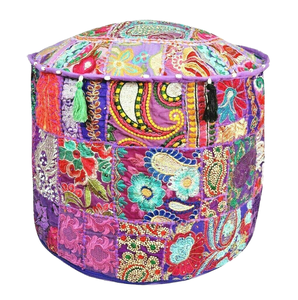 Traditional Rajasthani Patchwork Cotton Retractable <b>Bamboo</b> Rattan Handicraft Scenic Pattern Foot <b>Stool</b> Cover Festive Pouf - Product Image 2