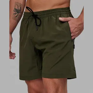 กางเกงขาสั้นผ้ายืดอีลาสเทนสำหรับผู้ชายกางเกงขาสั้นเอวยางยืดมีกระเป๋าด้านข้างมีซิปแบบแห้งเร็ว7"