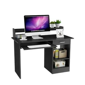 Meja Komputer Laptop Simpel, Meja Komputer Kayu Hitam dengan Rak Penyimpanan, Meja Desktop untuk Ruang Kecil