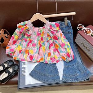 Niñas otoño nuevo estilo de pintura al óleo conjunto 2025 niñas impreso Top pantalones conjunto de 2 piezas niños traje de salida - Product Image 3