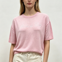 Pull décontracté brodé de haute qualité pour femme, col rond, manches courtes, couleur rose, coupe ajustée, vente en gros, OEM & ODM Theodore