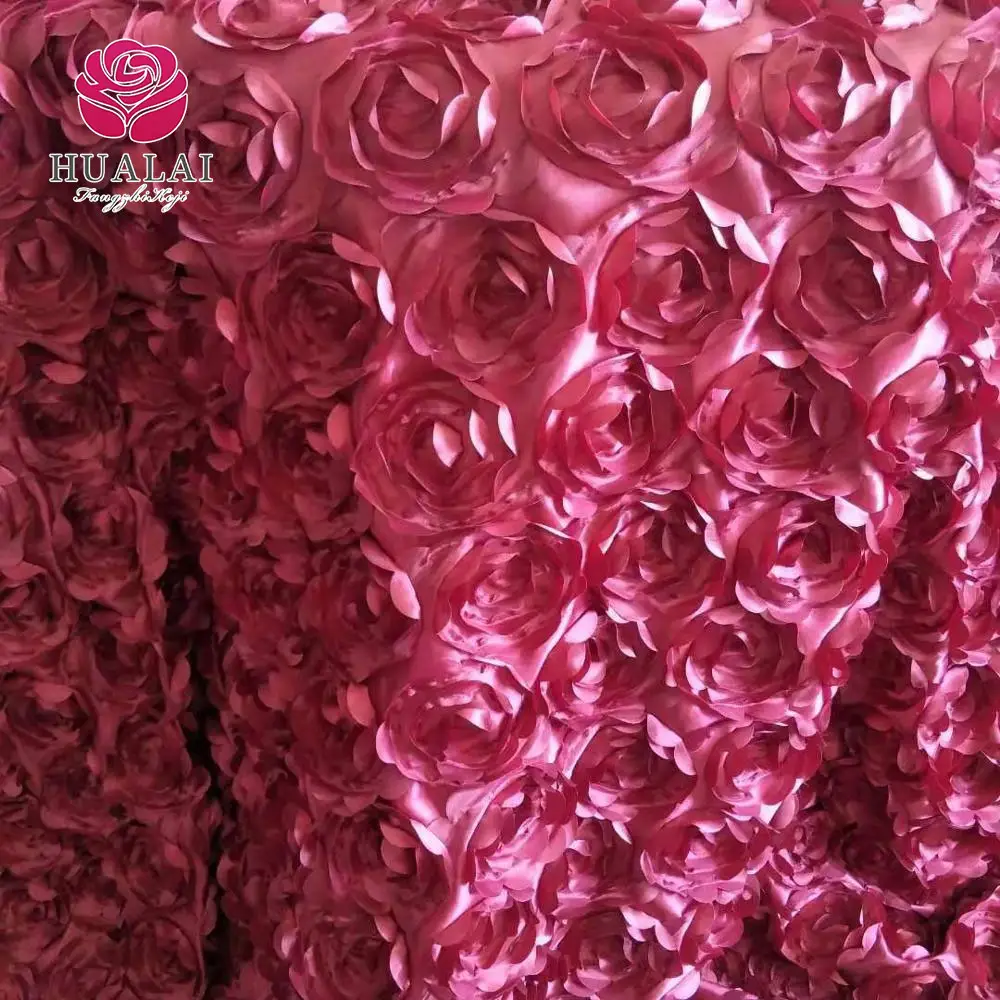 Borgoña rojo poliéster roseta flor cinta bordado decoración mantel cubierta en malla para fiesta de boda