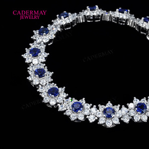 Cadermay Sapphire Bracelet S925 Silver Flower Design Wedding Jewelry Women's - Product Image 3