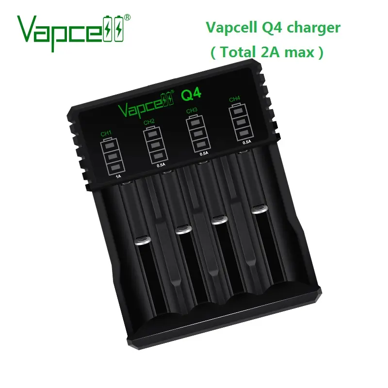 Vapcell Pengisi Daya Pintar 4 Slot 5V 2A USB Q4 untuk 18650 20700 21700 26650 Dll 3.7V Baterai Li Ion Isi Ulang