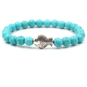 Classic Fish Charms Various 8MM Natural Stone Beads & Turquoise Woven Bracelets DIY Braided Bracelet Stretch Jewelry Accessories