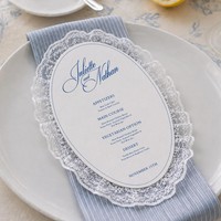 Carte de menu ovale professionnelle en dentelle de coton à bord festonné pour réception de mariage, banquet d'hôtel, traiteur, organisateur d'événements, vente en gros