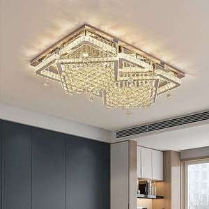 Lustre rectangulaire en cristal de style européen, plafonnier LED pour salon, grande taille, base en métal, couvercle en verre, blanc chaud - Product Image 4