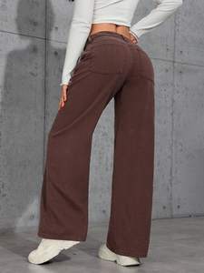 Jeans en denim <span class=keywords><strong>kaki</strong></span> respirant à <span class=keywords><strong>taille</strong></span> <span class=keywords><strong>haute</strong></span>, coupe ample et droite, pour femmes, décontracté, vintage, simple, été, service OEM - Product Image 4