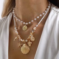 Collier bohème en coquillages et étoiles de mer, perles et pierres concassées, superposé, à porter autour de la clavicule, idéal pour les vacances à la plage