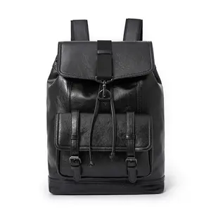 Sac à dos d'école en cuir PU pour femmes et hommes, vente en gros, sac à dos noir simple avec cordon de serrage, sac à dos personnalisé pour femmes et hommes