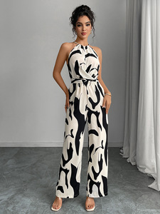 Mono de Mujer con Cordón Ajustable en la Cintura, Estampado, sin Mangas, Estilo Primavera, Pierna Ancha, Elástico en Cuatro Direcciones, Gran Venta - Product Image 3