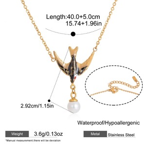 Ensemble de bijoux en acier inoxydable émaillé avec collier et boucles d'oreilles en forme d'hirondelle et de perle, résistant à l'eau, pour femmes <span class=keywords><strong>T669</strong></span> - Product Image 5