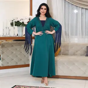 abaya dubai 2024 heißer strass frisierter gewand abaya kleid v-ausschnitt lange Ärmel quaste satin seide offener kaftan abaya arabisches kleid