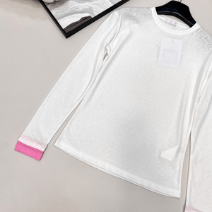 Blusa blanca de manga larga para mujer con puños rosas, cuello redondo, informal, para uso diario - Product Image 5