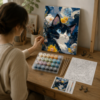 Kit de peinture par numéros - Chat, nuit étoilée, fleurs - Peinture acrylique DIY pour adultes débutants - 40x50cm - Avec ou sans cadre