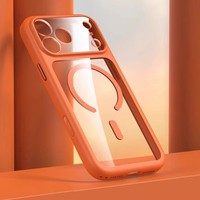 Coque de luxe magnétique antichoc orange avec bouton de caméra et protection d'objectif transparente en PC pour iPhone 17 Pro Max