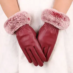 女式皮手套羊毛厚仿兔毛PU保暖触摸屏手套