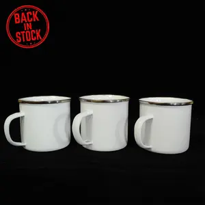 S017 12Oz Mug Kopi Enamel Transfer Panas, Cangkir Berkemah dengan Pegangan Lebar dan Pelek Halus untuk Sublimasi