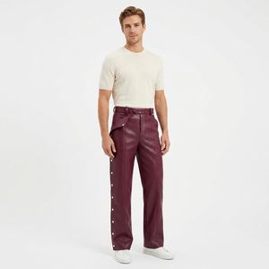 Men's Mid Waist Lightweight Burgundy Genuine Leather Trousers with Button Fly Casual Autumn Wear Breathable - Product Image 1