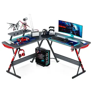 Meja Gaming bentuk L, meja komputer game bentuk L dengan serat karbon permukaan meja Gamer dengan rak Monitor