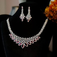 Ensemble de bijoux de mariée XM S259 en zircon cubique rouge de luxe, collier et boucles d'oreilles pour femmes, pour mariage, fête, tenue de soirée