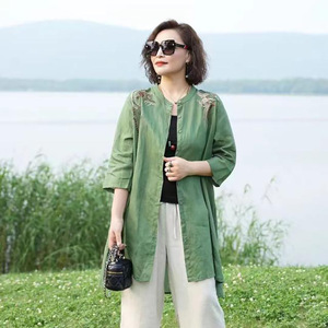 <b>Women's</b> Embroidered Mid-Length Shirt Navy Blue Cotton <b>Linen</b> <b>Cardigan</b> Spring Summer Loose Fit Vintage Style Outerwear - Product Image 3