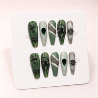 10 pièces Faux ongles à presser faits main, extra longs, forme cercueil, 3D, gothiques, thème araignée, pour Halloween et cosplay, vente en gros