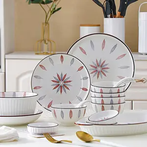 Hot Selling Nordic Style Leaf Pattern White Ceramic Household Dinnerware Set