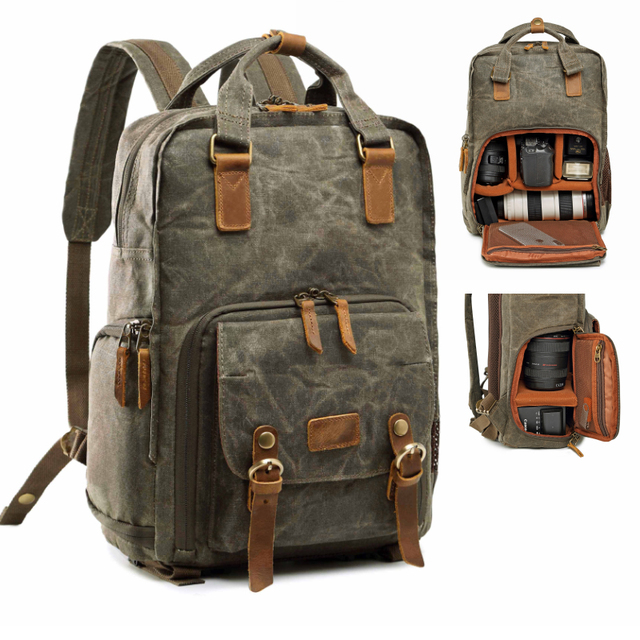 Quick Release Camera Gear Backpack Waxed Canvas Photography Laptop Camera Bag for DSLR Mirrorless Shockproof