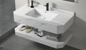<span class=keywords><strong>Meuble</strong></span> de salle de bain mural moderne en marbre double couche en pierre frittée avec <span class=keywords><strong>lavabo</strong></span> intégré - Product Image 2