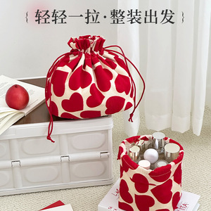 Beilian Drawstring Makeup Bag Large Capacity Portable Cosmetic Storage Bag Round Shape Cotton Fabric Travel Toiletry Bag - Product Image 3