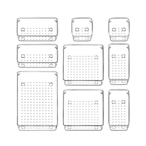 Set Organizer per cassetti in plastica trasparente da 9 pezzi, 5 dimensioni di vassoi multifunzionali per organizer per cassetti da bagno e vanità per cosmetici s