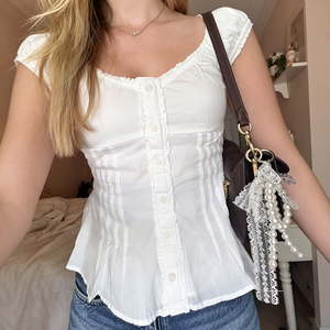 Blusa de Manga Corta con Encaje para Mujer, Cuello en V, Botones al Frente, Plisada, Informal, para Oficina, Trabajo, Verano, Transpirable y Ecológica - Product Image 4