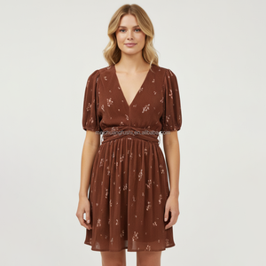 <span class=keywords><strong>Vestido</strong></span> Mini con Cuello en V, Color Marrón, Personalizado OEM, Estampado Floral, Manga Corta Abullonada, Cintura Fruncida, Chifón, Elegante, <span class=keywords><strong>para</strong></span> Fiesta - Product Image 1