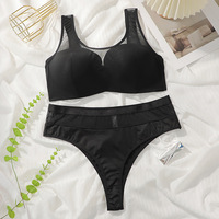 Ensemble de soutien-gorge sans armatures en dentelle noire grande taille pour femmes avec culotte, lingerie sexy de couleur unie, respirante, logo à la taille, vente en gros OEM