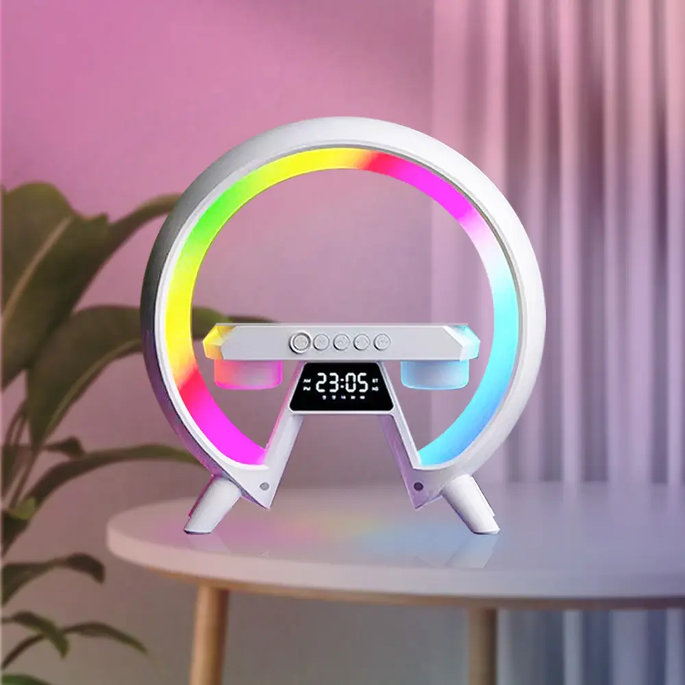Multifunctional Wireless Charging Large G Shape Speaker Desk Lamp With Led Seven-color Atmosphere Light And Clock